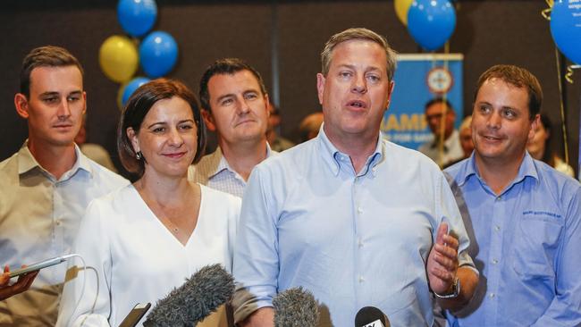 Queensland LNP leader Tim Nicholls speaks to media with LNP candidate for Bonney Sam O'Connor, deputy leader Deb Frecklington, Gaven MP Sid Cramp and LNP candidate for Theodore Mark Boothman.