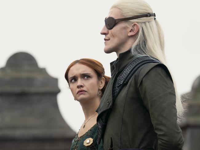 Olivia Cooke as Alicent Hightower and Ewan Mitchell as Prince Aemond Targaryen in a scene from Season Two Episode One of House of the Dragon.