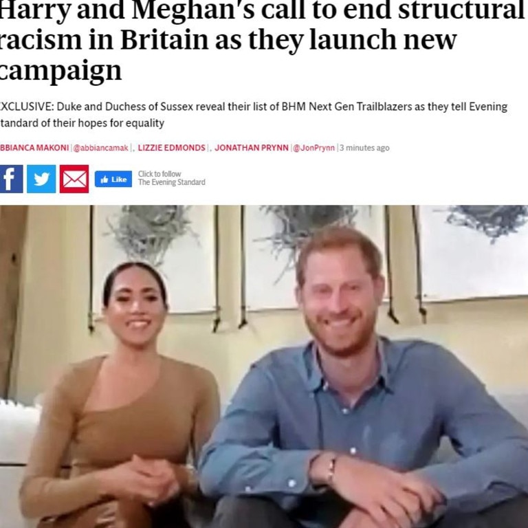 Meghan and Harry on the Evening Standard's Twitter page calling to end structural racism in Britain. Picture: Twitter.