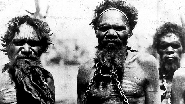 Aboriginal men in chains. Frontier conflict and disputes over territory saw thousands of Indigenous Australians apprehended by colonial authorities.