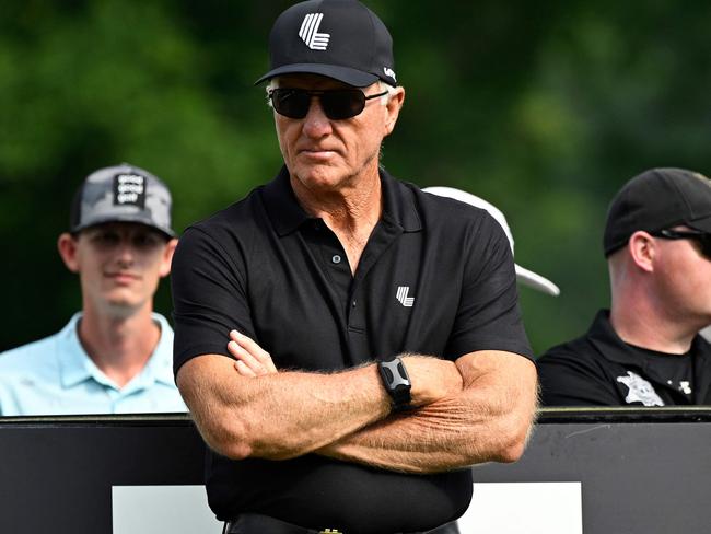 WHITE SULPHUR SPRINGS, WEST VIRGINIA - AUGUST 06: Greg Norman, CEO and Commissioner at LIV Golf Investments stands in the third tee box during day three of the LIV Golf Invitational - Greenbrier at The Old White Course on August 06, 2023 in White Sulphur Springs, West Virginia.   Eakin Howard/Getty Images/AFP (Photo by Eakin Howard / GETTY IMAGES NORTH AMERICA / Getty Images via AFP)