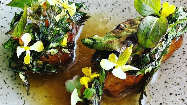 Artichoke with smoked eel and macadamia by Clinton McIvor at Amaru, Melbourne. Picture: supplied