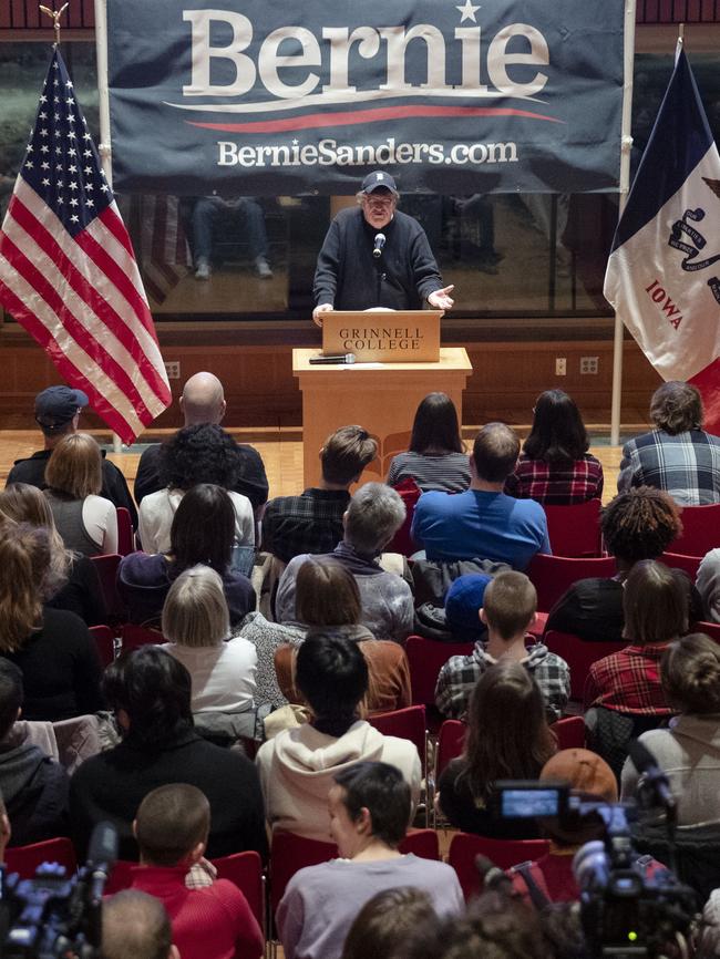 Michael Moore at a campaign event at Grinnell College in Grinnell, Iowa. Picture: AP.