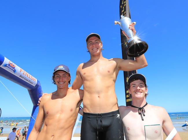 Vernon (middle) celebrates with second-placed Tom Lewis (left) and third-placed Keenan Gray Picture: Mark Wilson