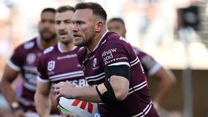 Manly prop Matt Lodge carts the ball up. NRL Imagery