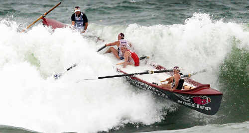 A rough landing awaits the Northcliffe under-23 men’s crew in yesterday’s final at Coolum. Picture: NICHOLAS FALCONER