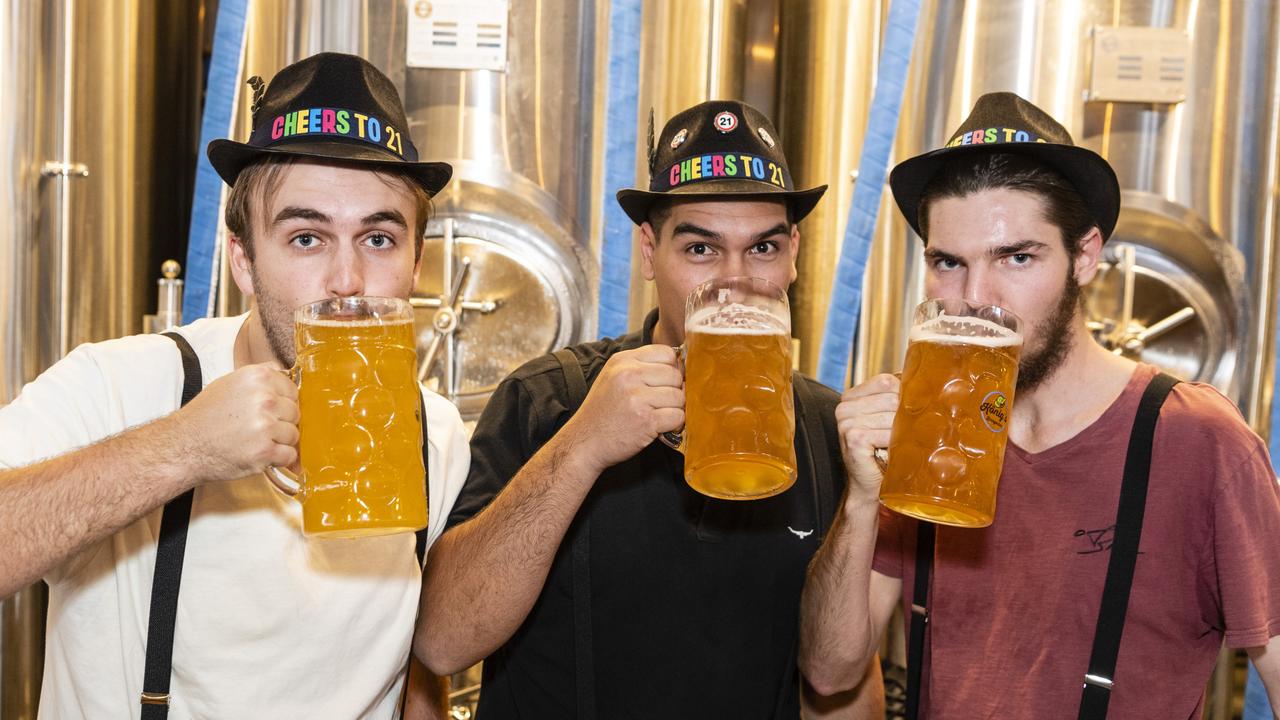 At Oktoberfest are (from left) Brandon Bevan, Elijah Williams and Taron Dawson at The Brewhouse, Saturday, October 22, 2022. Picture: Kevin Farmer