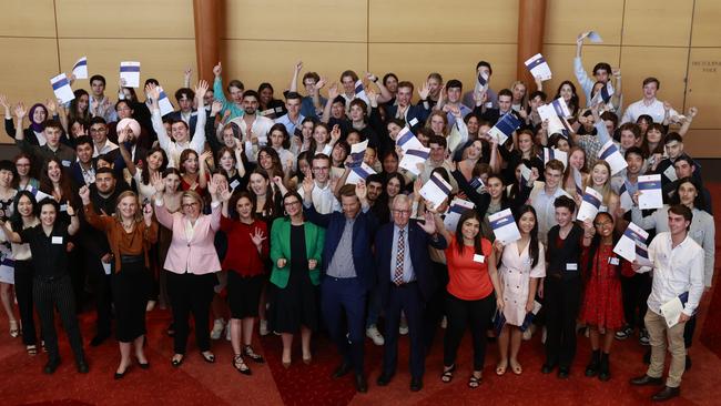 NSW Education Minister Sarah Mitchell, centre, in green, with the highest achievers at the HSC 2022 First in Course Awards at UNSW in Kingsford on Wednesday. Picture: Tim Hunter.