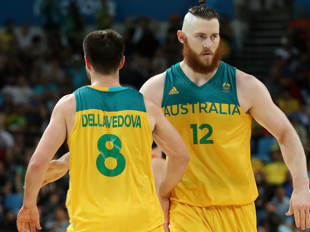 Aron Baynes (right), pictured alongside Matthew Dellavedova, during the 2016 Olympics. Picture: Getty Images