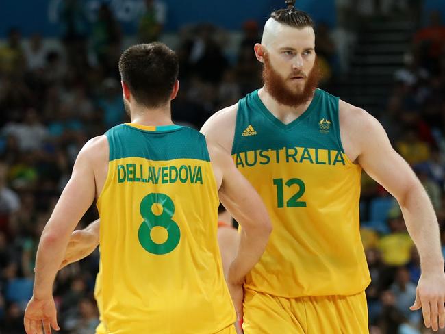 Aron Baynes (right), pictured alongside Matthew Dellavedova, during the 2016 Olympics. Picture: Getty Images