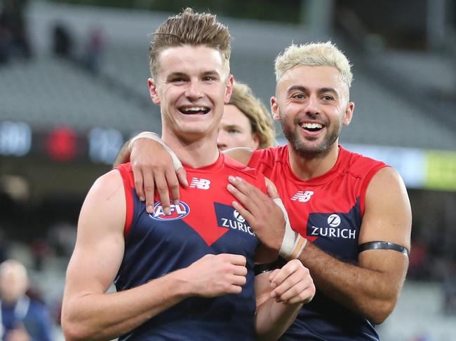 AFL Round 4.   11/04/2021. Melbourne vs Geelong at the MCG, Melbourne.  Bailey Fritsch and Christian Salem of the Demons after todays win    . Pic: Michael Klein