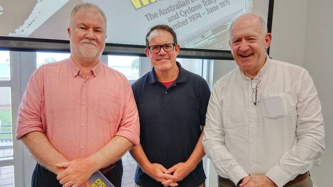 Cyclone Warriors author Dr Tom Lewis, Solomon MP Luke Gosling, and Sir Peter Cosgrove. Pic: Historical Society of the NT.