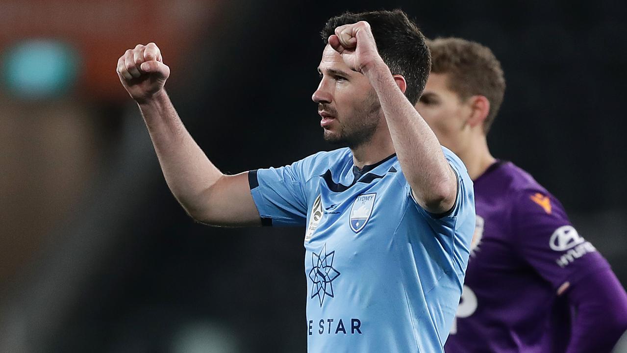 SYDNEY, AUSTRALIA - AUGUST 26: Ryan McGowan of Sydney FC celebrates victory during the A-League Semi Final match between Sydney FC and the Perth Glory at Bankwest Stadium on August 26, 2020 in Sydney, Australia. (Photo by Mark Metcalfe/Getty Images)