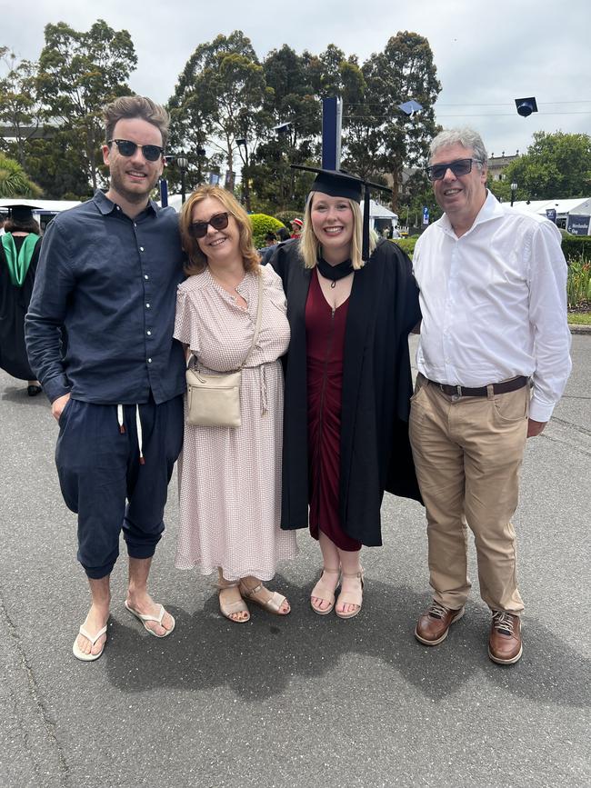 Ed Rasmussen, Debra Berry, Olivia Berry (Master of Education) and Stephen Berry at the University of Melbourne graduations held at the Royal Exhibition Building on Saturday, December 14, 2024. Picture: Jack Colantuono