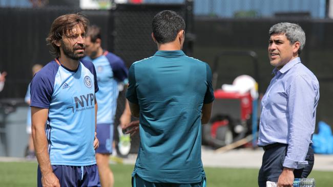 Tim Cahill (centre), speaks with New York City FC and World Cup winner and former Juventus midfielder Andrea Pirlo, and NYCFC Sporting Director Claudio Reyna.