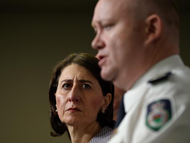 Premier Gladys Berejiklianwith Mr Fitzsimmons during the bushfire crisis. Picture: Bianca De Marchi/AAP