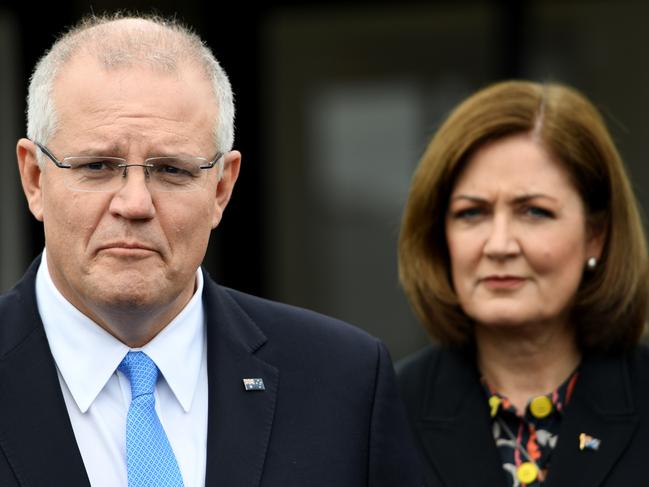 CLIFTON SPRINGS, AUSTRALIA - MAY 15: Prime Minister Scott Morrison and Assistant Minister for Housing and Disability Services Sarah Henderson (R) hold a press conference at his new home build, the seat of Corangamite on May 15, 2019 in Clifton Springs, Australia. The government is continuing to promote its First Home Loan Deposit Scheme and fielded questions about the Prime Ministers faith and how that colours his view of gay people. The Australian federal election will be held on May 18, 2019. (Photo by Tracey Nearmy/Getty Images)