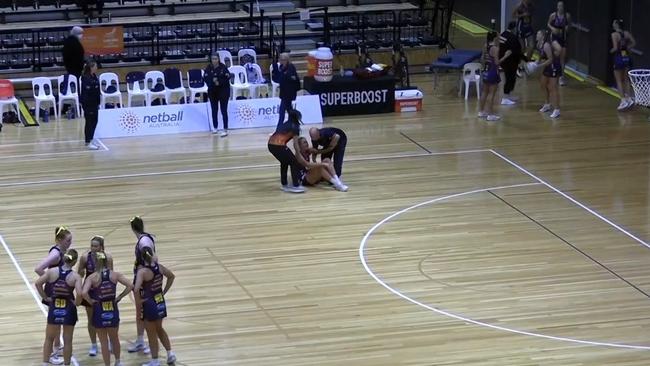 Reilley Batcheldor hitting the pine with a suspected ACL tear at the Australian Netball Championships. Picture: Supplied