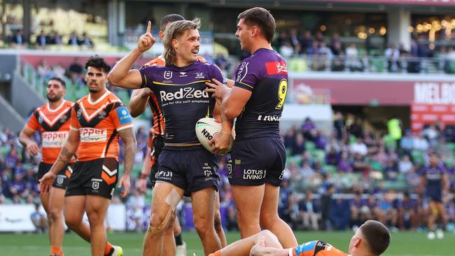 Ryan Papenhuyzen of the Storm celebrates after scoring a try (Photo by Mike Owen/Getty Images)