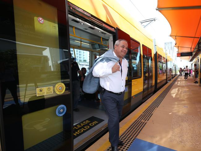 Mayor Tom Tate arrives by GLink at Broadbeach to the press conference  announcing extra funding by the Federal Government for Stage three of the Light Rail. Picture Glenn Hampson