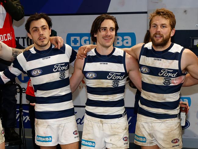 Brad Close, Gryan Miers and Tom Atkins of the Cats after the win over Essendon. Picture: Michael Willson