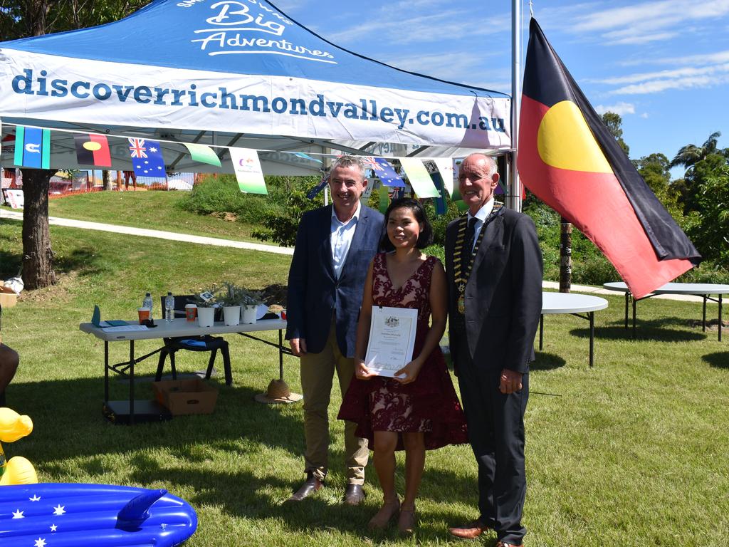 Rowena Innes with Page MP Kevin Hogan and Richmond Valley Council mayor Robert Mustow at the citizenship ceremony.