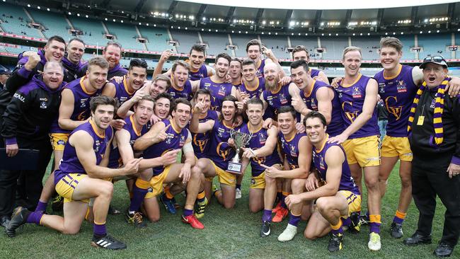 The Goulburn Valley Football League boys celebrate their win over Ballarat Football and Netball League. Pic: Michael Klein