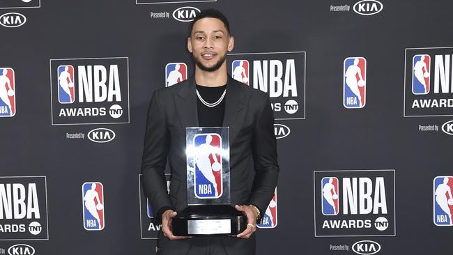 Ben Simmons, of the Philadelphia 76ers, with his rookie of the year award in Santa Monica, California Picture: AP.