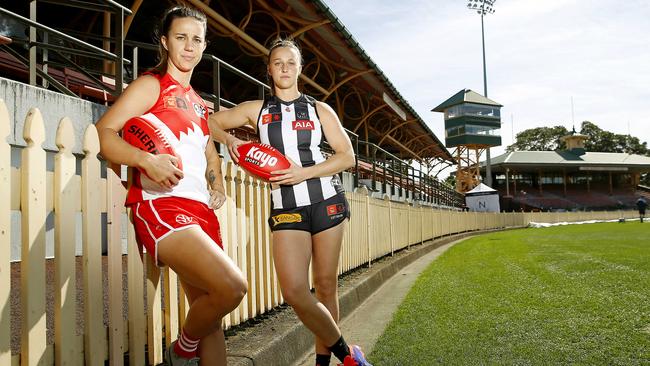 L to R: Chloe Molloy from the Sydney Swans and Ruby Schleicher from the Collingwood Magpies at North Sydney Oval ahead of this weeks' AFLW Season opener at North Sydney Oval featuring Sydney Swans v Collingwood Magpies. Picture: John Appleyard .