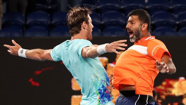 India's Rohan Bopanna (R) and Australia's Matthew Ebden celebrate their victory. Picture: AFP