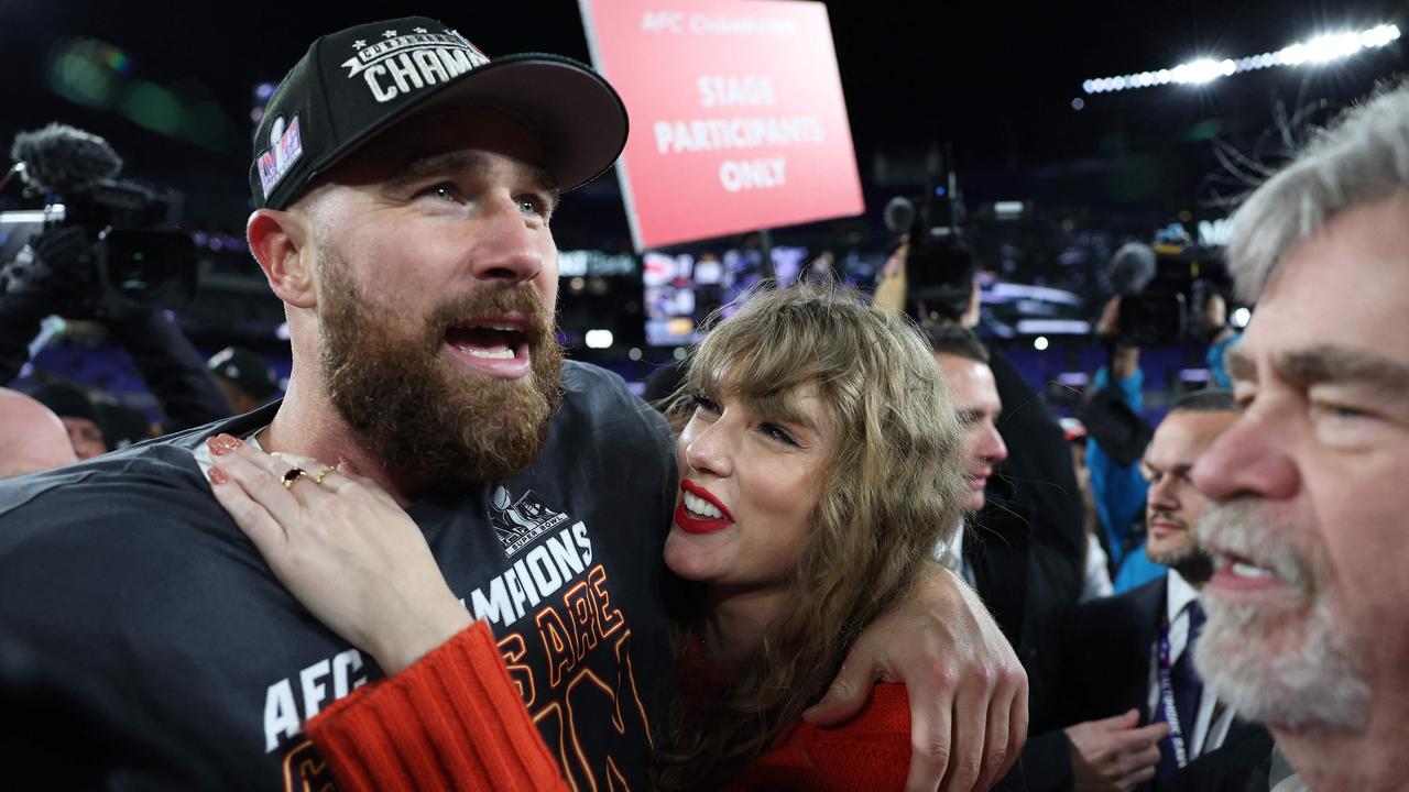 Travis Kelce and Taylor Swift are off to the Super Bowl. Photo: Patrick Smith/Getty Images/AFP.