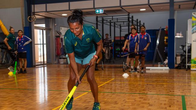 Nova Peris as Olympians and scholarship coaches run training sessions for Katherine youth at RAAF Base Tindal. Picture: Pema Tamang Pakhrin