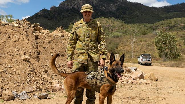 Australian Army soldier Lance Corporal Nathaniel Horwath and Military Police Dog Chewie from the 1st Military Police Battalion conducting unit level training on Lavarack Barracks, Queensland. Picture: BDR Guy Sadler