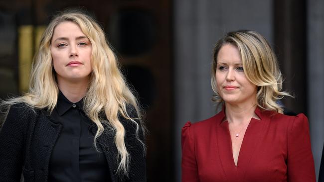 LONDON, ENGLAND - JULY 28: Lawyer Jennifer Robinson (R) with Amber Heard as she gives a statement at the Royal Courts of Justice, the Strand on July 28, 2020 in London, England. Hollywood Actor Johnny Depp is suing News Group Newspapers (NGN) and the Sun's executive editor, Dan Wootton, over an article published in 2018 that referred to him as a "wife beater" during his marriage to actor Amber Heard. (Photo by Karwai Tang/WireImage)