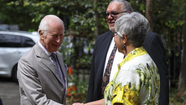 King Charles III was welcomed by National Indigenous Australians Agency chief executive Jody Broun during his visit. Picture: NewsWire / POOL / Toby Melville