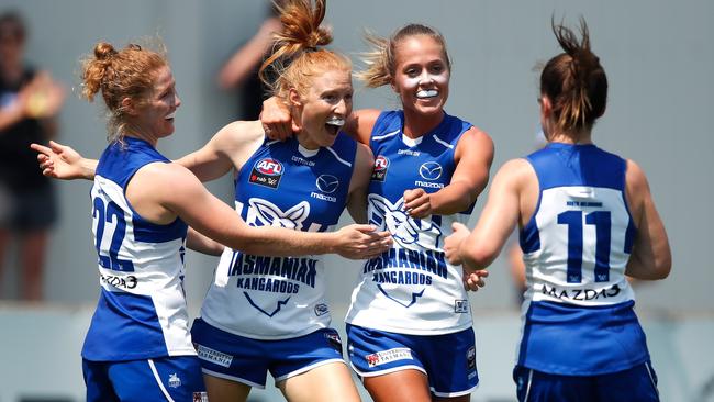 (from left) Georgia Nanscawen, Alison Drennan, Kaitlyn Ashmore and Daisy Bateman celebrate a goal.