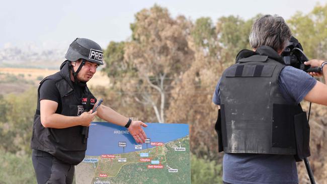 Journalists report from Sderot in southern Israel amid ongoing battles between Israel and the Palestinian Hamas group. Picture: Jack Guez / AFP