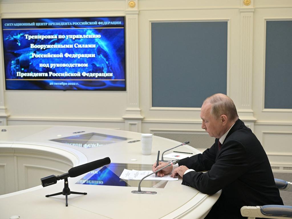 Russian President Vladimir Putin oversees the training of the strategic deterrence forces, troops responsible for responding to threats of nuclear war, via a video link. Picture: AFP