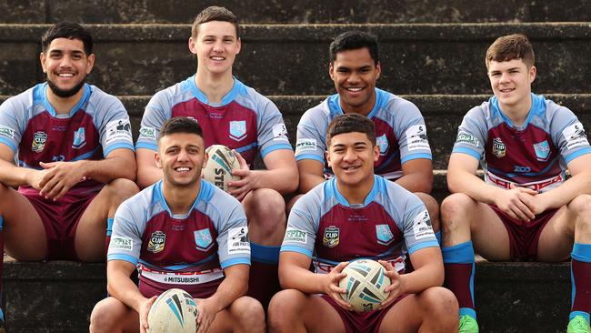 Hills Sports High students playing in the NRL Schoolboy Cup. (Back row) Marley Hunter, Adam Runchel, Samuel Pinomi and Blake Metcalfe, (front row) Michael Tannous and Tevita Petelo at Hills Sports High, Seven Hills. Picture: Brett Costello