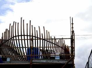 BOAT BLOWOUT: The new art piece in Woodlark St will have its scaffolding removed tomorrow as Lismore City Council prepares for the unveiling of the massive sculpture. Picture: Marc Stapelberg