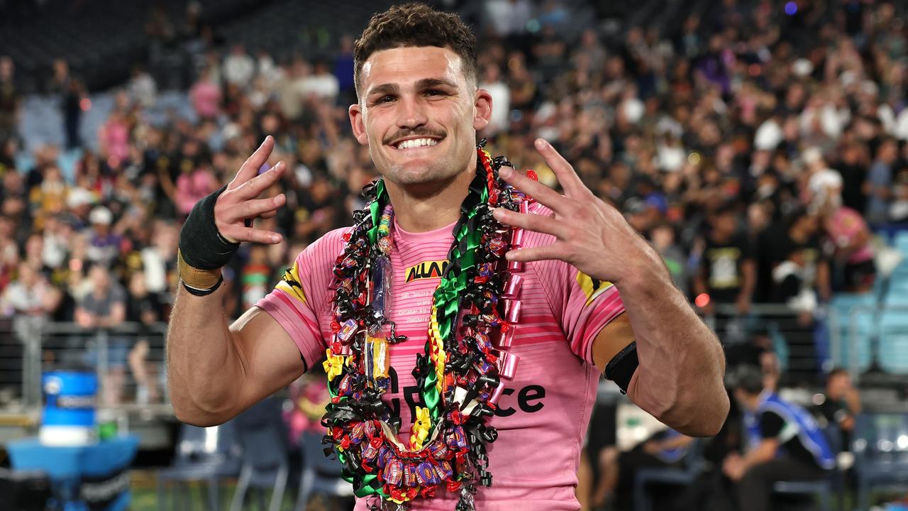 Nathan Cleary of the Panthers celebrates after the team made it four from four. Picture: Cameron Spencer/Getty Images