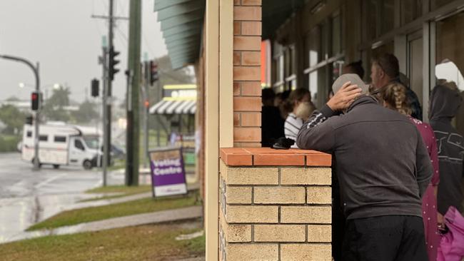 Scores of voters were still lining up at the Maryborough Street polling booth after 3pm.