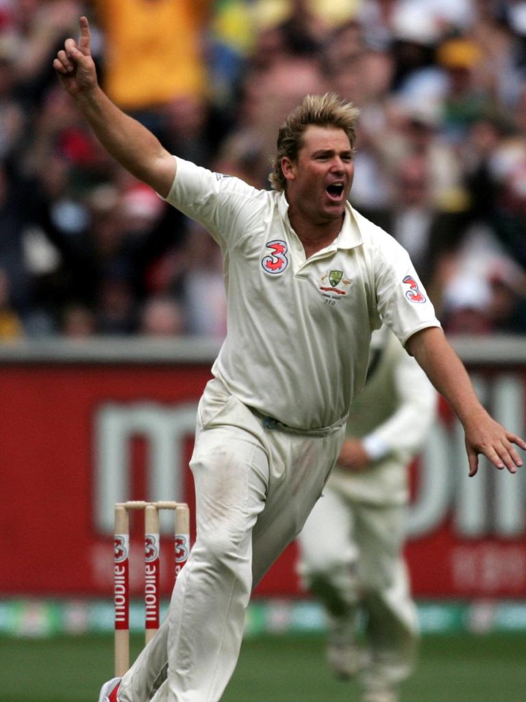 Warne after taking his 700th Test wicket at the MCG. Photo: Stuart/Mcevoy.