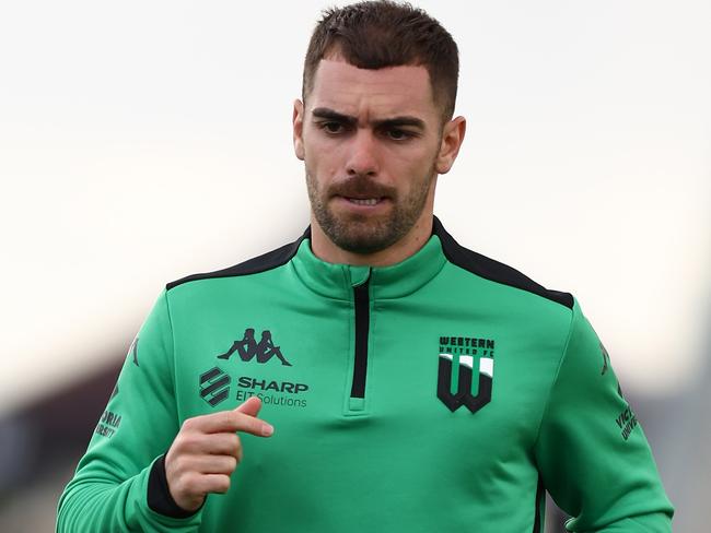 MELBOURNE, AUSTRALIA - FEBRUARY 15: Ben Garuccio of Western United warms up prior to the round 19 A-League Men match between Western United and Auckland FC at Ironbark Fields on February 15, 2025 in Melbourne, Australia. (Photo by Graham Denholm/Getty Images)