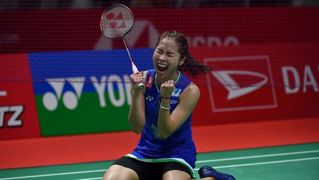 Ratchanok Intanon of Thailand reacts as she plays against China’s Wang Zhiyi during the women's singles semi-final match at the Indonesia Masters badminton tournament in Jakarta in January. Picture: AFP