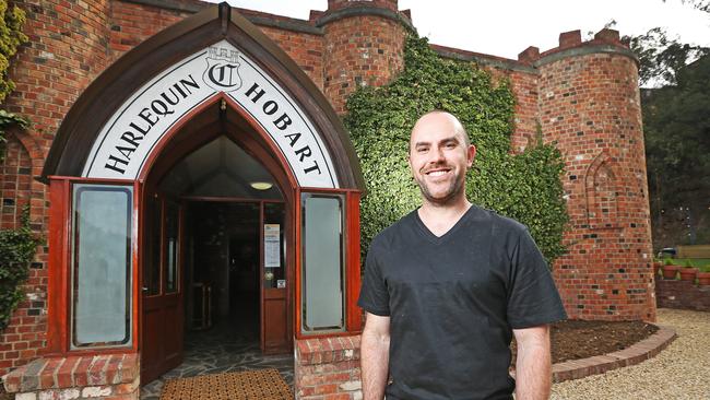 Will Priestley in front of the Harlequin in Lenah Valley. Picture: Zak Simmonds