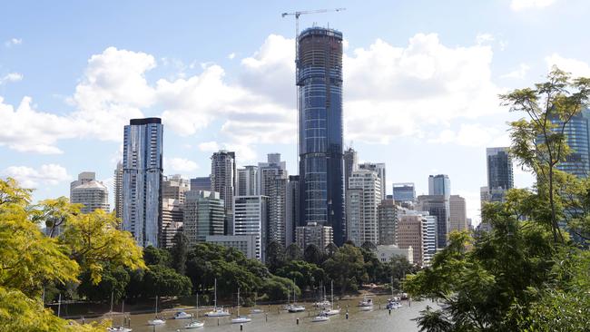 The Brisbane CBD skyline as viewed from Kangaroo Point, including the city’s new tallent building, Brisbane Skytower, under construction (centre). Picture: AAP/Ric Frearson