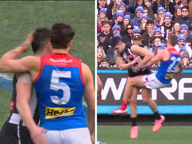 Christian Petracca shakes hands with Brayden Maynard. Photo: Fox Footy.