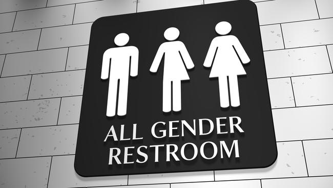 A sign on a wall for "All Gender Restroom" with symbols for men, trans and women. LGBT issue.