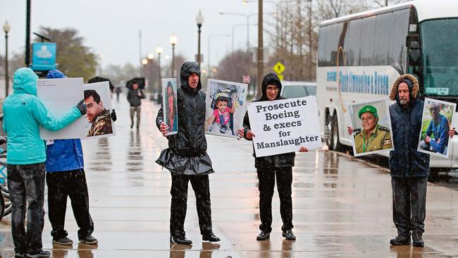 Protesters outside Boeing's annual shareholders meeting last month in Chicago, Illinois. Picture: Kamil Krzaczynski/AFP